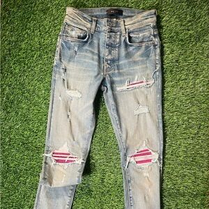 Amiri MX1 Cracked Pink Leather Patched Jeans - Size 28